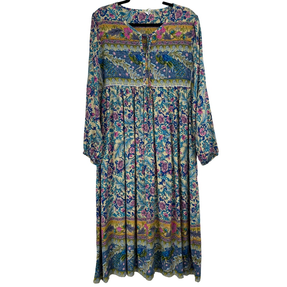 This and That Garden Floral Peacock Midi Dress L Blue Pink Boho Balloon Sleeve